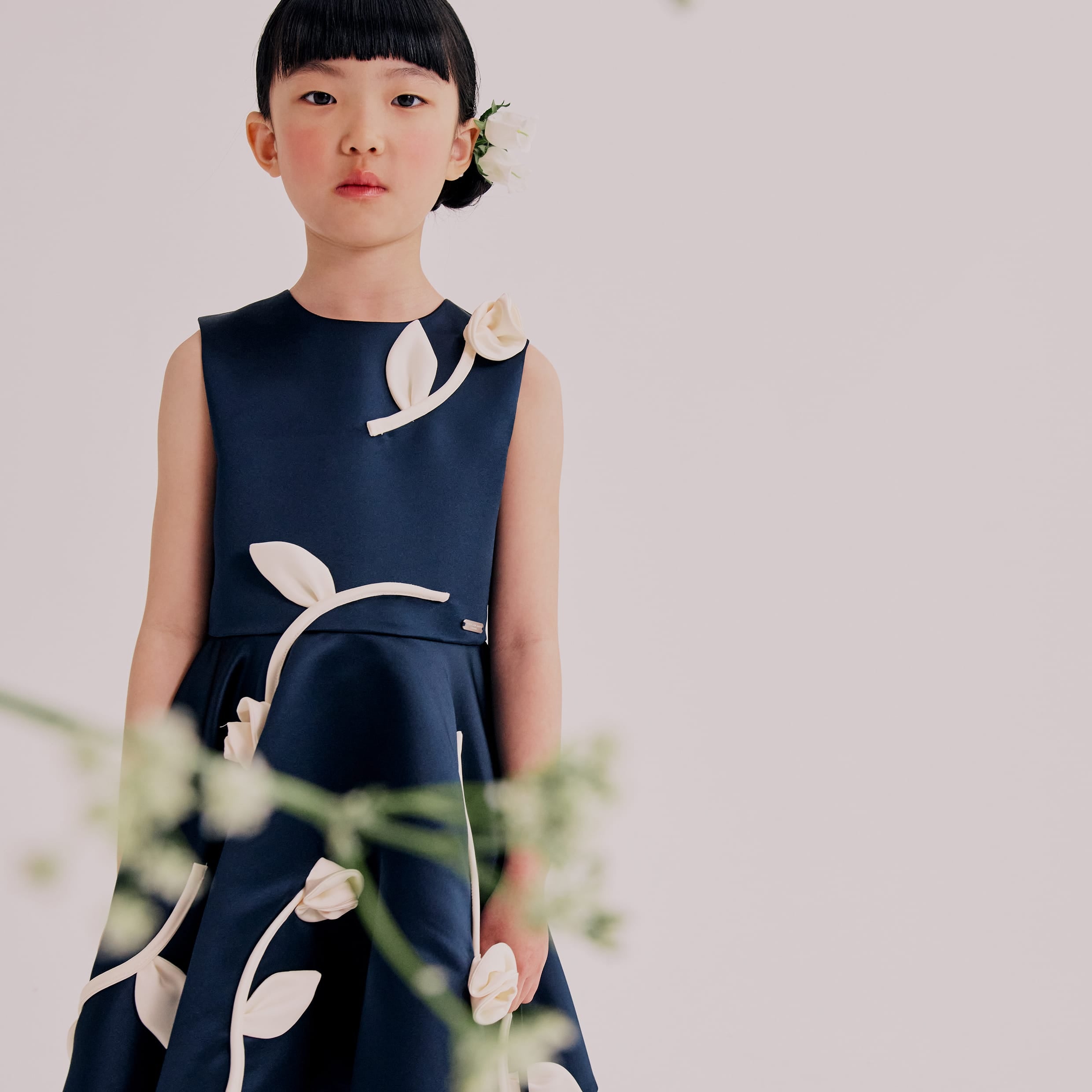 Rain Of Flowers Dress Navy Satin