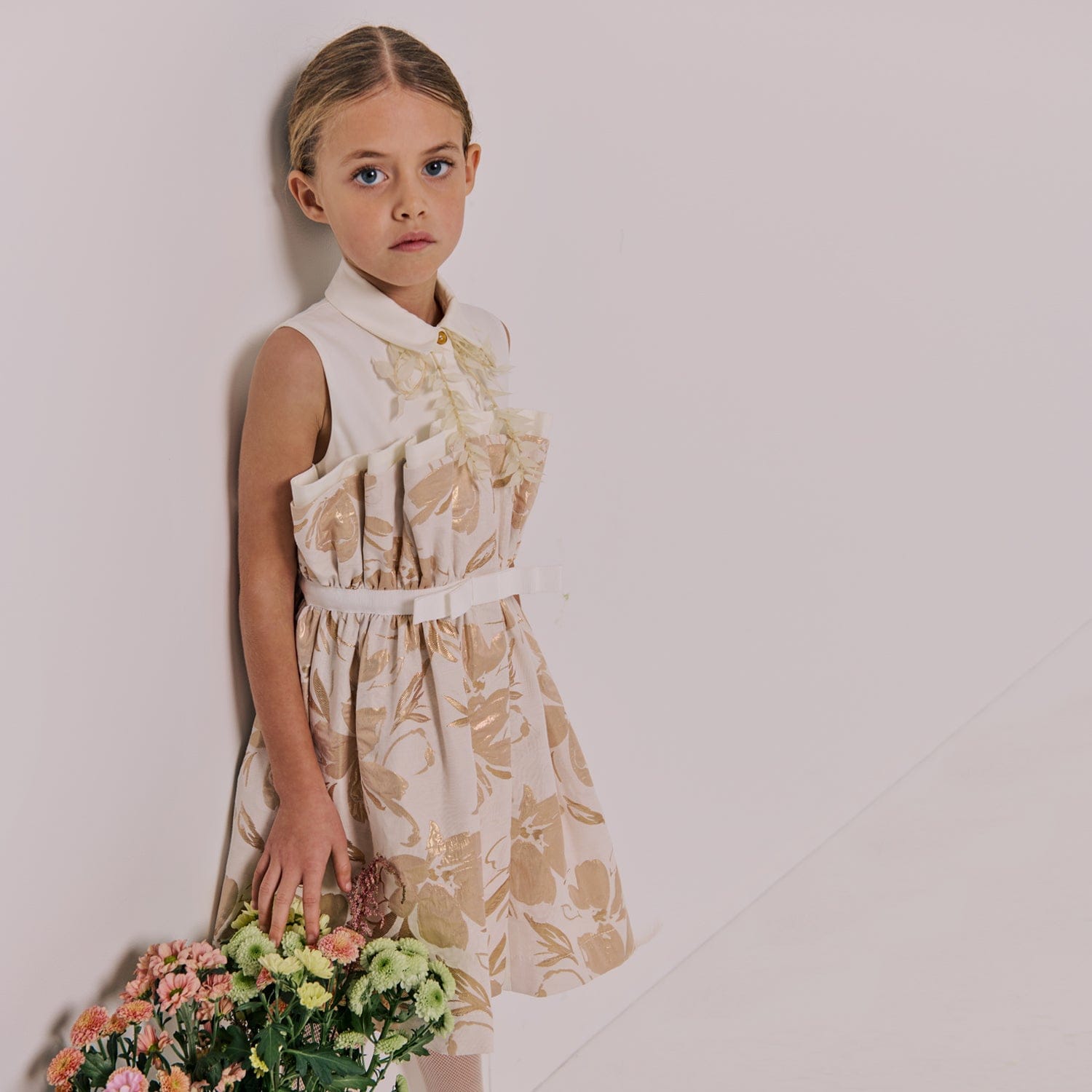 Romana Dress Gold Abstract Floral Jacquard